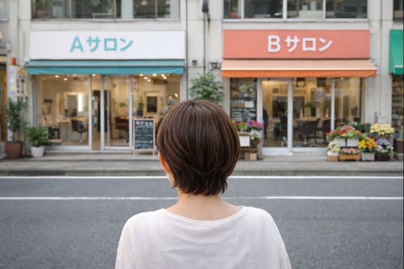 白髪染めでサロン選びに迷う女性の後ろ姿